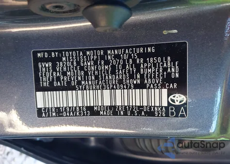 2016 Toyota Corolla Le from USA, damaged, VIN 5YFBURHE3GP409479